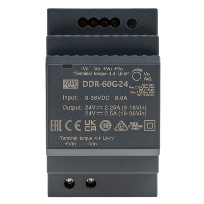 MEAN WELL DDR-60 DIN Rail Power Supply, 9 → 36V dc, 24V dc, 2.5A Output, 60W