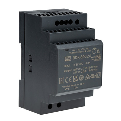 MEAN WELL DDR-60 DIN Rail Power Supply, 9 → 36V dc, 24V dc, 2.5A Output, 60W