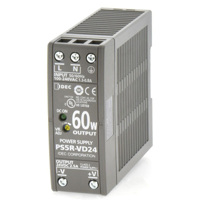 Idec PS5R DIN Rail Power Supply, 85 → 264V ac ac, dc Input, 24V dc dc Output, 2.5A Output, 60W