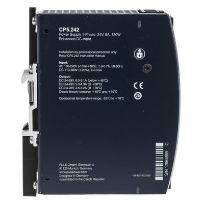 PULS CP DIN Rail Power Supply, 100 → 240 V ac, 110 → 300 V dc ac, dc Input, 24V dc dc Output, 5A Output,
