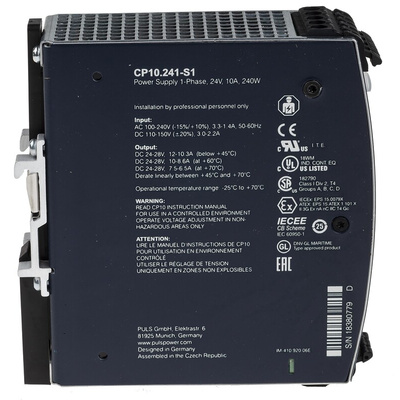PULS CP DIN Rail Power Supply, 100 → 240V ac ac, dc Input, 24V dc dc Output, 10A Output, 240W