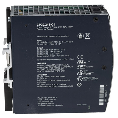 PULS CP DIN Rail Power Supply, 100 → 240V ac ac, dc Input, 24V dc dc Output, 20A Output, 480W