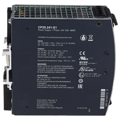 PULS CP DIN Rail Power Supply, 100 → 240V ac ac, dc Input, 24V dc dc Output, 20A Output, 480W
