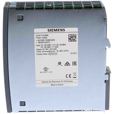 Siemens SITOP PSU6200 Switch Mode DIN Rail Power Supply, 85 → 264V ac ac, dc Input, 24V dc dc Output, 5A Output,