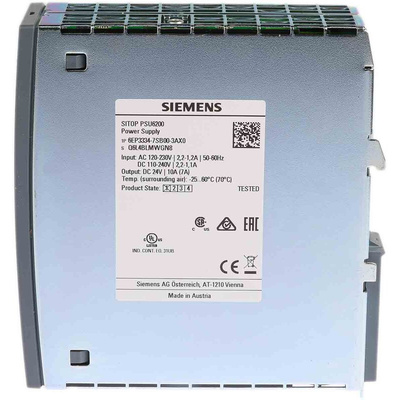 Siemens SITOP PSU6200 Switch Mode DIN Rail Power Supply, 85 → 264V ac ac, dc Input, 24V dc dc Output, 10A