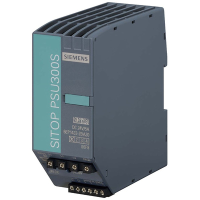 Siemens 6EP DIN Rail Power Supply, 500V ac Input, 24V dc Output, 5A Output