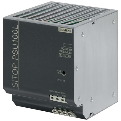 Siemens 6EP DIN Rail Power Supply, 240V ac Input, 24V dc Output, 20A Output, 45W