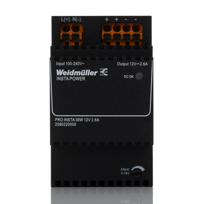 Weidmüller PRO INSTA Switching DIN Rail Power Supply, 85 → 264V ac ac, dc Input, 12V dc dc Output, 2.6A Output