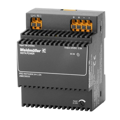 Weidmüller PRO INSTA DIN Rail Power Supply, 85 → 264V ac ac, dc Input, 24V dc dc Output, 2.5A Output, 67.4VA