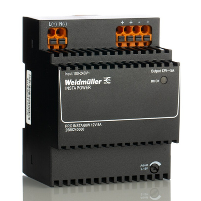 Weidmüller PRO INSTA DIN Rail Power Supply, 85 → 264V ac ac, dc Input, 12V dc dc Output, 5A Output