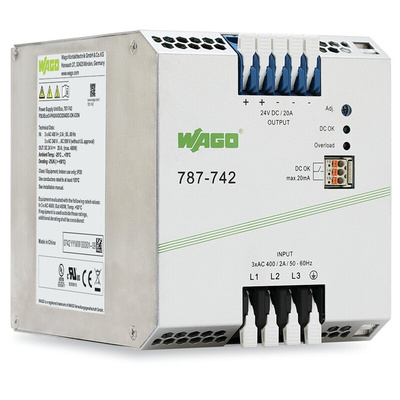Wago 787 Switch Mode DIN Rail Power Supply, 360 → 575 V ac, 500 → 650 V dc ac, dc Input, 24V dc dc