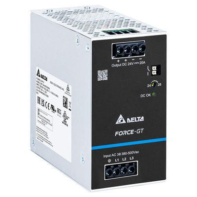 Delta Electronics DRF-480W DIN Rail Power Supply, 90-264V ac Input, 24V dc Output, 20A Output, 480W