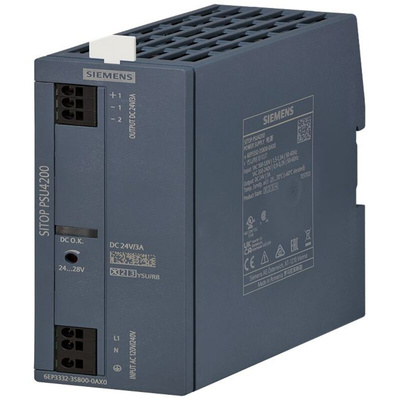 Siemens 6EP3332 DIN Rail Power Supply, 120 V ac, 240 V ac ac Input, 24V dc dc Output, 3A Output