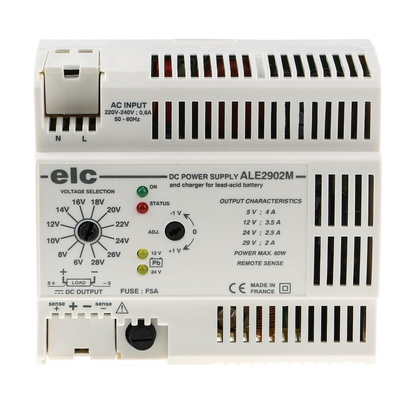 ELC ALE Switching DIN Rail Power Supply, 230V ac ac Input, 5 V c.c., 10 V c.c., 12 V c.c., 15 V c.c., 24V dc dc Output,