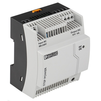 Phoenix Contact STEP-PS/1AC/15DC/4 Switch Mode DIN Rail Power Supply, 85 → 264V ac ac Input, 15V dc dc Output,