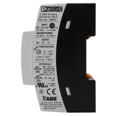 Phoenix Contact STEP-PS/1AC/15DC/4 Switch Mode DIN Rail Power Supply, 85 → 264V ac ac Input, 15V dc dc Output,