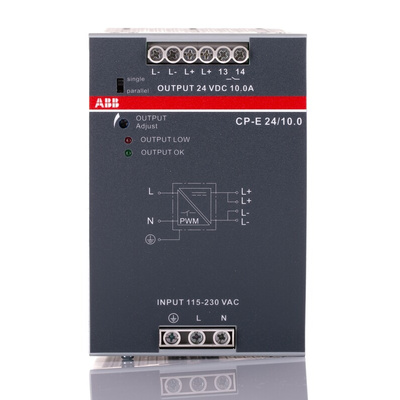 ABB CP-E Switch Mode DIN Rail Power Supply, 90 → 132V ac ac, dc Input, 24V dc dc Output, 10A Output, 240W