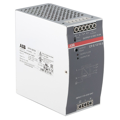 ABB CP-E Switch Mode DIN Rail Power Supply, 90 → 132V ac ac, dc Input, 12V dc dc Output, 10A Output, 120W
