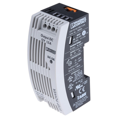 Phoenix Contact STEP-PS/1AC/12DC/1.5/FL Switch Mode DIN Rail Power Supply, 85 → 264V ac ac Input, 12V dc dc