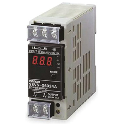 Omron S8VS Switch Mode DIN Rail Power Supply, 85 → 264V ac ac Input, 24V dc dc Output, 2.5A Output, 60W