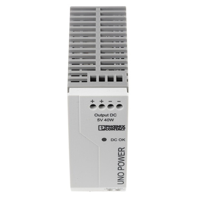 Phoenix Contact UNO-PS/1AC/ 5DC/ 40W Switch Mode DIN Rail Power Supply, 85 → 264V ac ac Input, 5V dc dc Output,