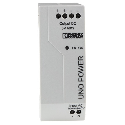 Phoenix Contact UNO-PS/1AC/ 5DC/ 40W Switch Mode DIN Rail Power Supply, 85 → 264V ac ac Input, 5V dc dc Output,
