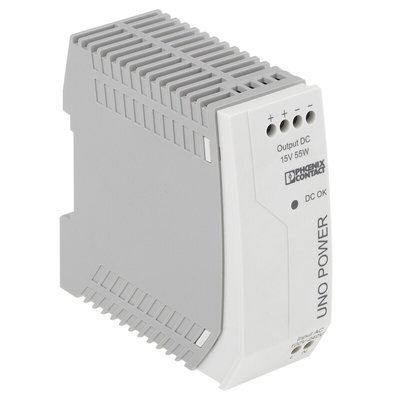 Phoenix Contact UNO-PS/1AC/15DC/ 55W Switch Mode DIN Rail Power Supply, 85 → 264V ac ac Input, 15V dc dc Output,