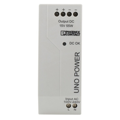 Phoenix Contact UNO-PS/1AC/15DC/ 55W Switch Mode DIN Rail Power Supply, 85 → 264V ac ac Input, 15V dc dc Output,