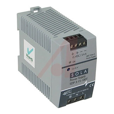 Sola SDP DIN Rail Power Supply, 85 → 264V ac ac, dc Input, 15V dc dc Output, 3.4A Output, 51W