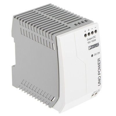 Phoenix Contact UNO-PS/1AC/15DC/100W Switch Mode DIN Rail Power Supply, 85 → 264V ac ac Input, 15V dc dc Output,