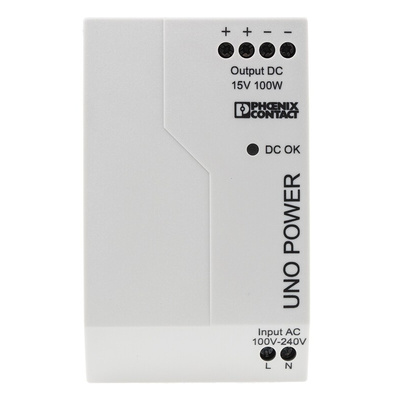 Phoenix Contact UNO-PS/1AC/15DC/100W Switch Mode DIN Rail Power Supply, 85 → 264V ac ac Input, 15V dc dc Output,