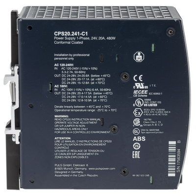 PULS C DIN Rail Power Supply, 100 → 240V ac ac Input, 24V dc dc Output, 20A Output, 480W