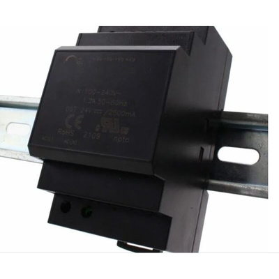 Brainboxes PW-245 DIN Rail Power Supply, 85 → 264V ac or 120 → 370V dc ac, dc Input, 24V dc Output, 2.5A