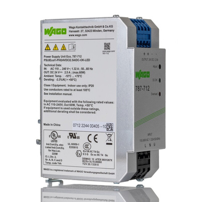 Wago 787 DIN Rail Power Supply, 85 → 264 V ac, 90 → 373 V dc ac, dc Input, 24V dc dc Output, 2.5A Output,