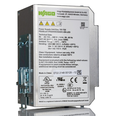 Wago 787 Switch Mode DIN Rail Power Supply, 90 → 264 V ac, 90 → 373 V dc ac, dc Input, 24V dc dc Output,