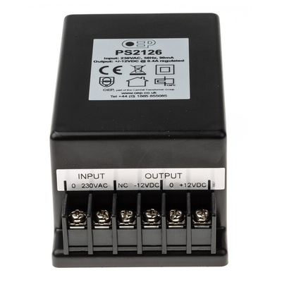 OEP Encapsulated Linear Power Supply, 207 → 253V ac Input, ±12V dc Output, 400mA Output, 9.6W