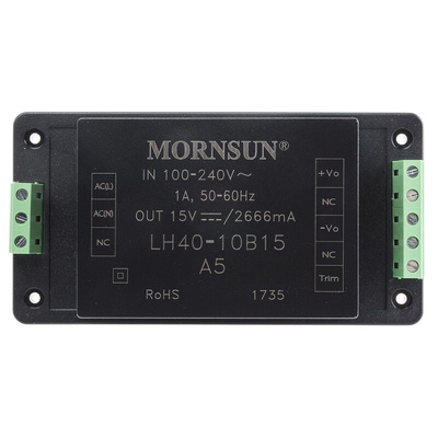 RS PRO Switching Power Supply, 15V dc, 2.666A, 40W, 1 Output, 264 V ac, 370 V dc Input Voltage