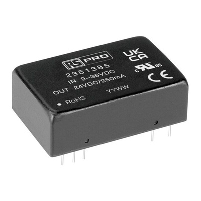 RS PRO Embedded Switch Mode Power Supply (SMPS), 24V dc, 250mA, 6W, 1 Output, 9 → 36V dc Input Voltage