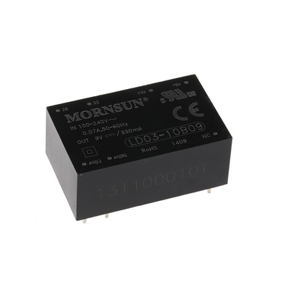 RS PRO Switching Power Supply, 9V dc, 330mA, 3W, 1 Output, 110 → 370 V dc, 85 → 264 V ac Input Voltage