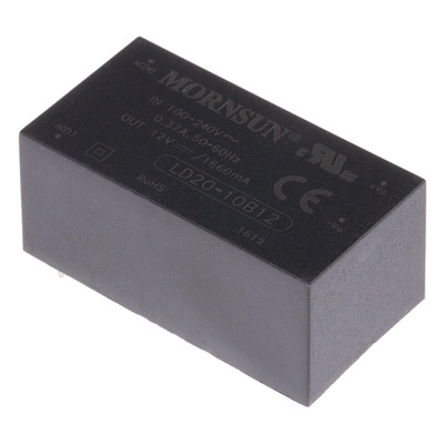 RS PRO Switching Power Supply, 12V dc, 1.66A, 20W, 1 Output, 120 → 370 V dc, 85 → 264 V ac Input Voltage
