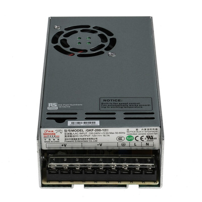 RS PRO Switching Power Supply, 12V dc, 16.7A, 200W, 1 Output, 120 → 370 V dc, 85 → 264 V ac Input Voltage
