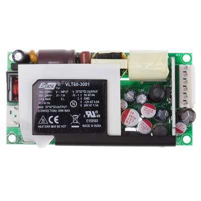 EOS Switching Power Supply, LFVLT60-3001, 5.2 V dc, 12.5 V dc, 1.5 A, 8 A, 500 mA, 60W, Triple Output, 180 → 264