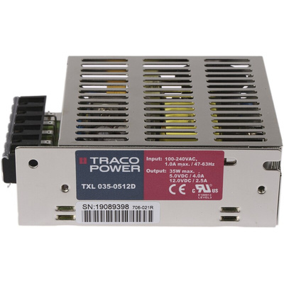 TRACOPOWER Switching Power Supply, TXL 035-0512D, 5 V dc, 12 V dc, 2.5A, 35W, Dual Output, 85 → 264V ac Input