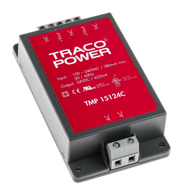 TRACOPOWER Switching Power Supply, TMP 15124C, 24V dc, 625mA, 15W, 1 Output, 120 → 370 V dc, 85 → 264 V
