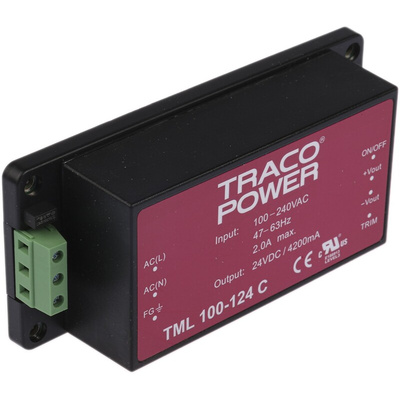 TRACOPOWER Switching Power Supply, TML 100-124C, 24V dc, 4.2A, 101W, 1 Output, 100 → 240V ac Input Voltage
