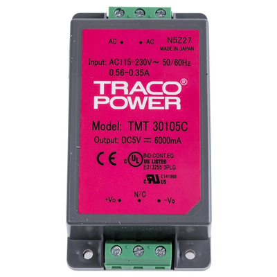 TRACOPOWER Switching Power Supply, TMT 30105C, 5V dc, 6A, 30W, 1 Output, 85 → 264 V ac, 85 → 370 V dc