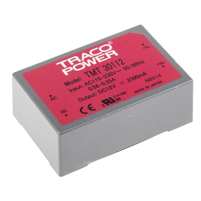 TRACOPOWER Switching Power Supply, TMT 30112, 12V dc, 2.5A, 30W, 1 Output, 85 → 264 V ac, 85 → 370 V dc
