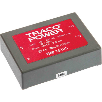 TRACOPOWER Switching Power Supply, TMP 15105, 5V dc, 3A, 15W, 1 Output, 120 → 370 V dc, 85 → 264 V ac