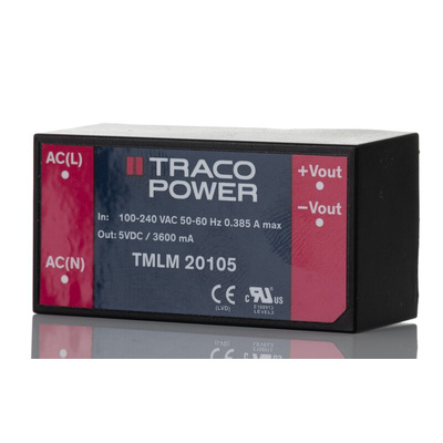 TRACOPOWER Switching Power Supply, TMLM 20105, 5V dc, 3.6A, 18W, 1 Output, 90 → 264V ac Input Voltage