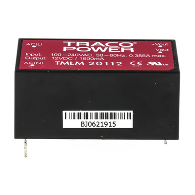 TRACOPOWER Switching Power Supply, TMLM 20112, 12V dc, 1.66A, 20W, 1 Output, 90 → 264V ac Input Voltage